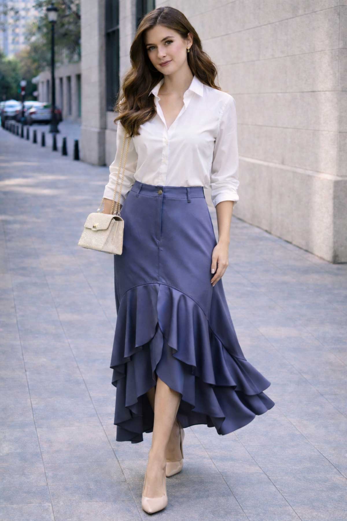 Синя асиметрична пола с каскадни волани