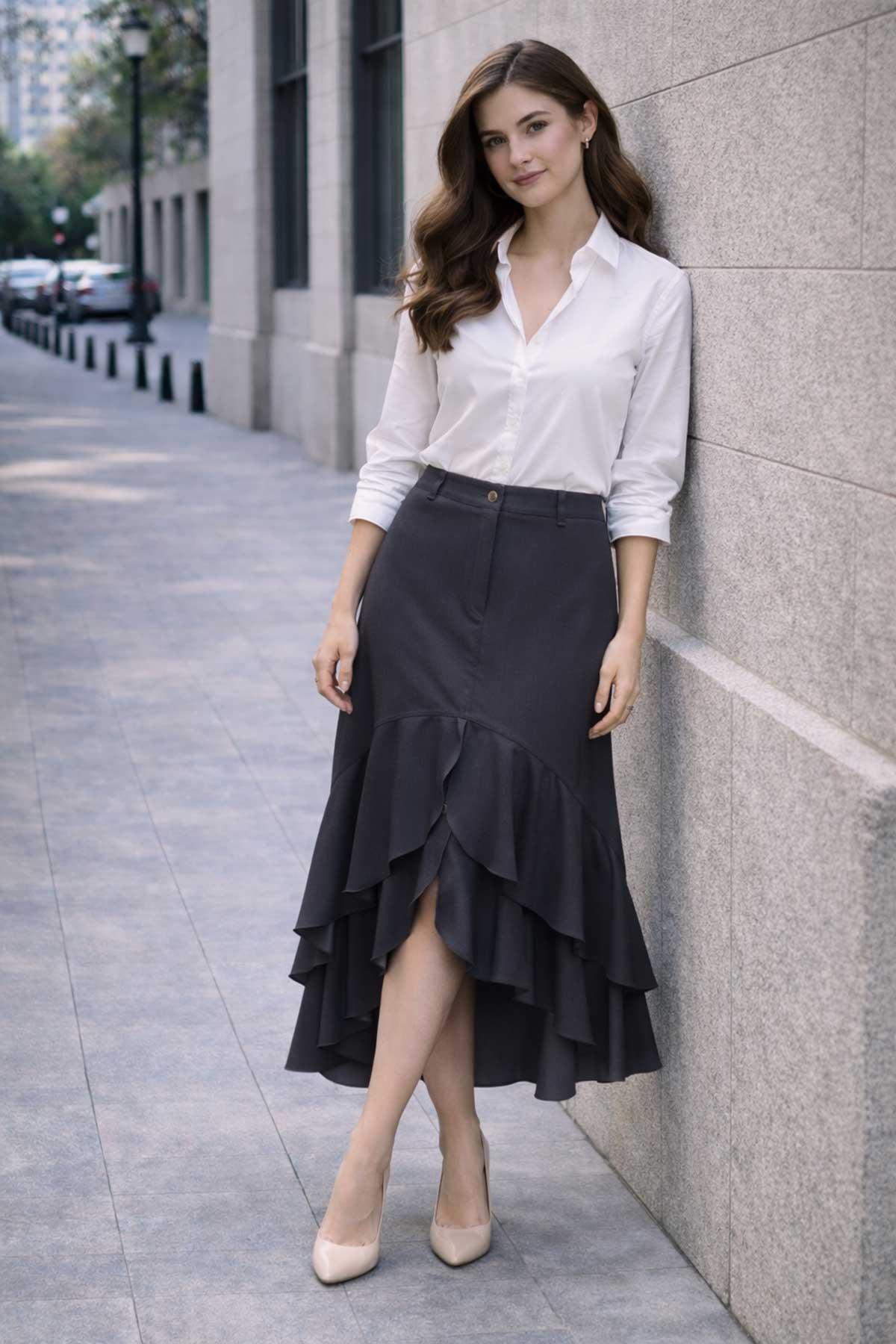 Графитена пола с асиметрични волани