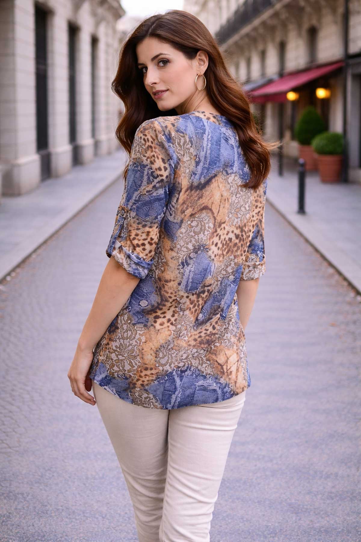 Дамска риза с животински принт в деним и бежово