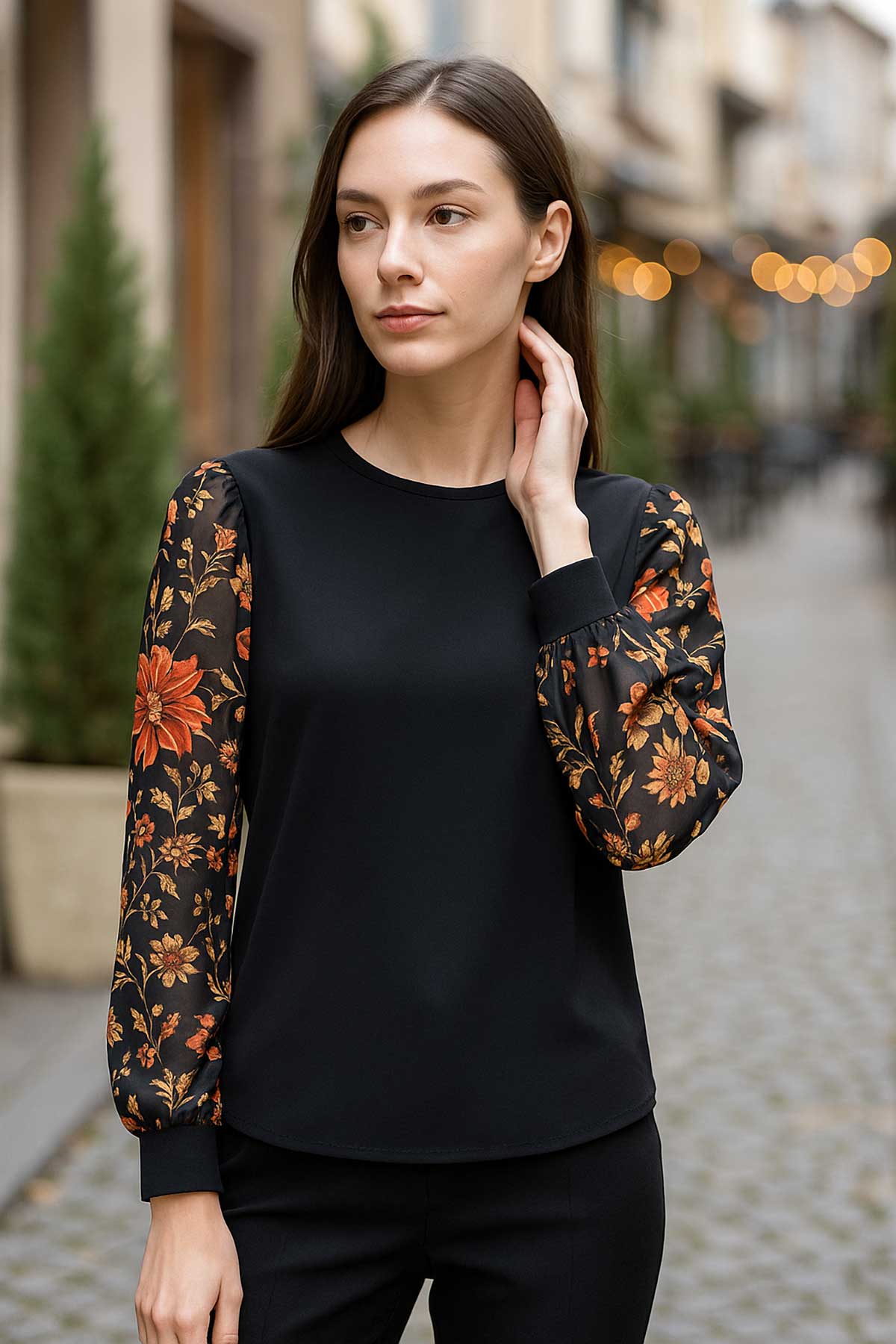 Риза „Нощна градина“ с шифонени ръкави