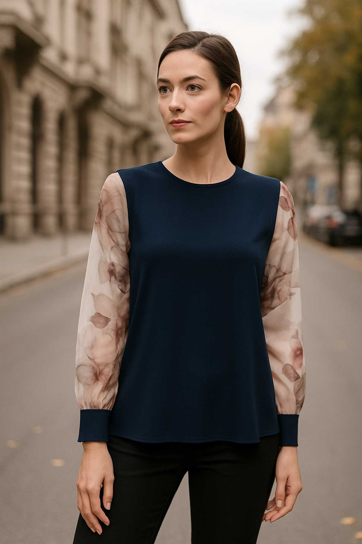 Тъмносиня риза с пепелни шифонени ръкави | Вили Стил Тъмносиня риза с пепелни шифонени ръкави