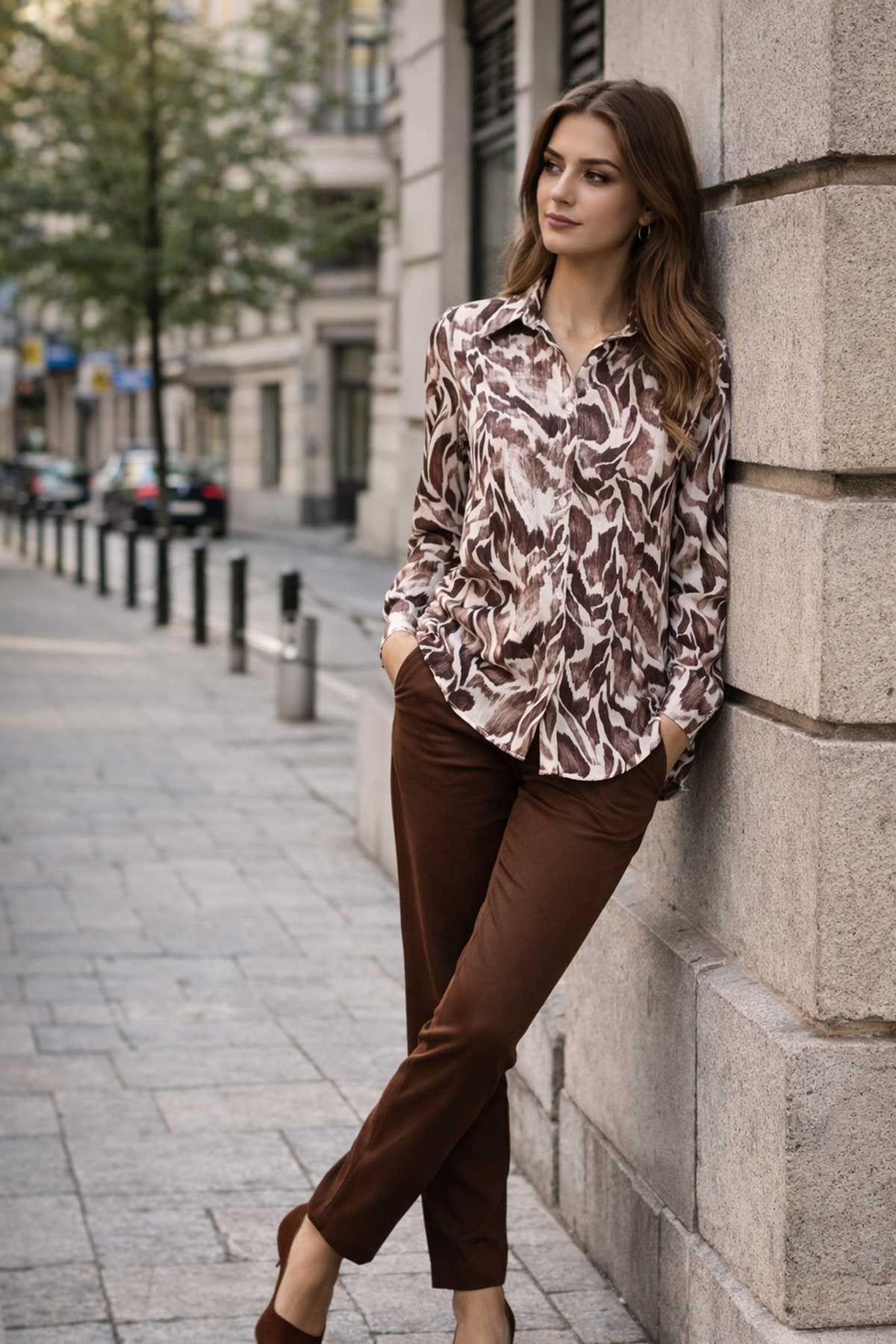 Сатенена риза с абстрактен животински принт в кафяво
