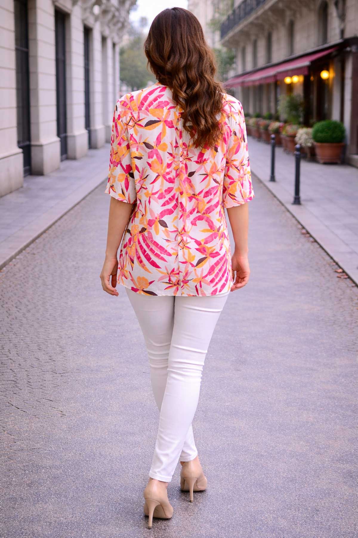 Дамска риза с тропически принт в розово и жълто