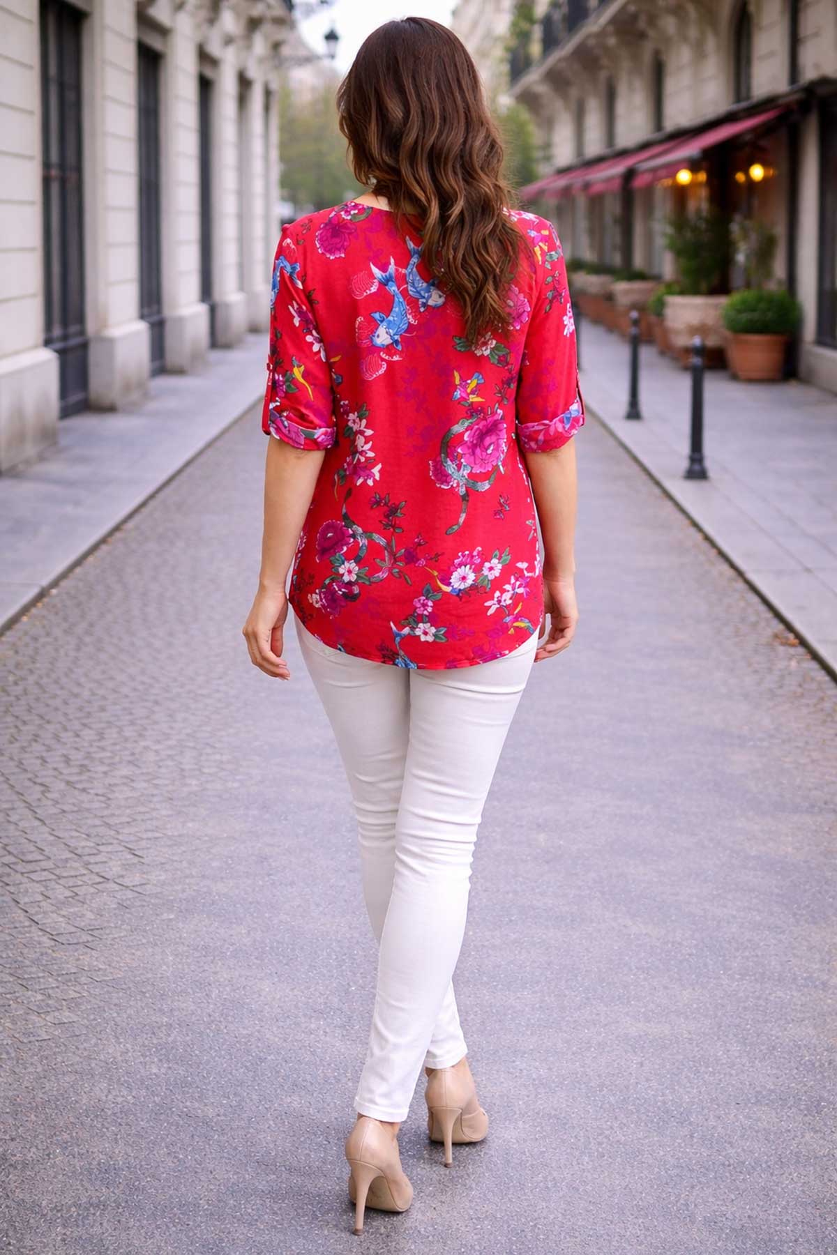 Дамска червена риза с флорален и птичи принт