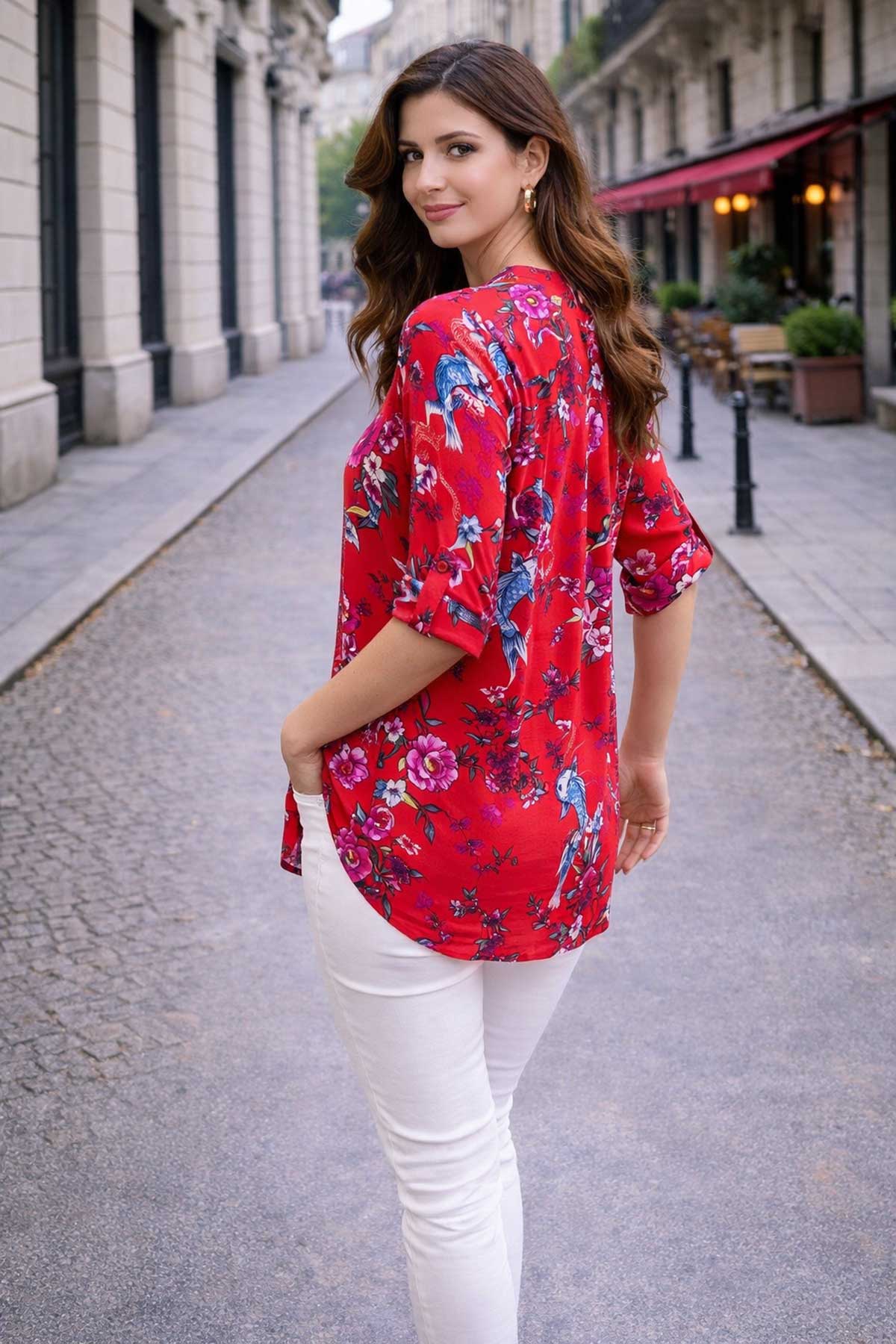 Дамска червена риза с флорален и птичи принт