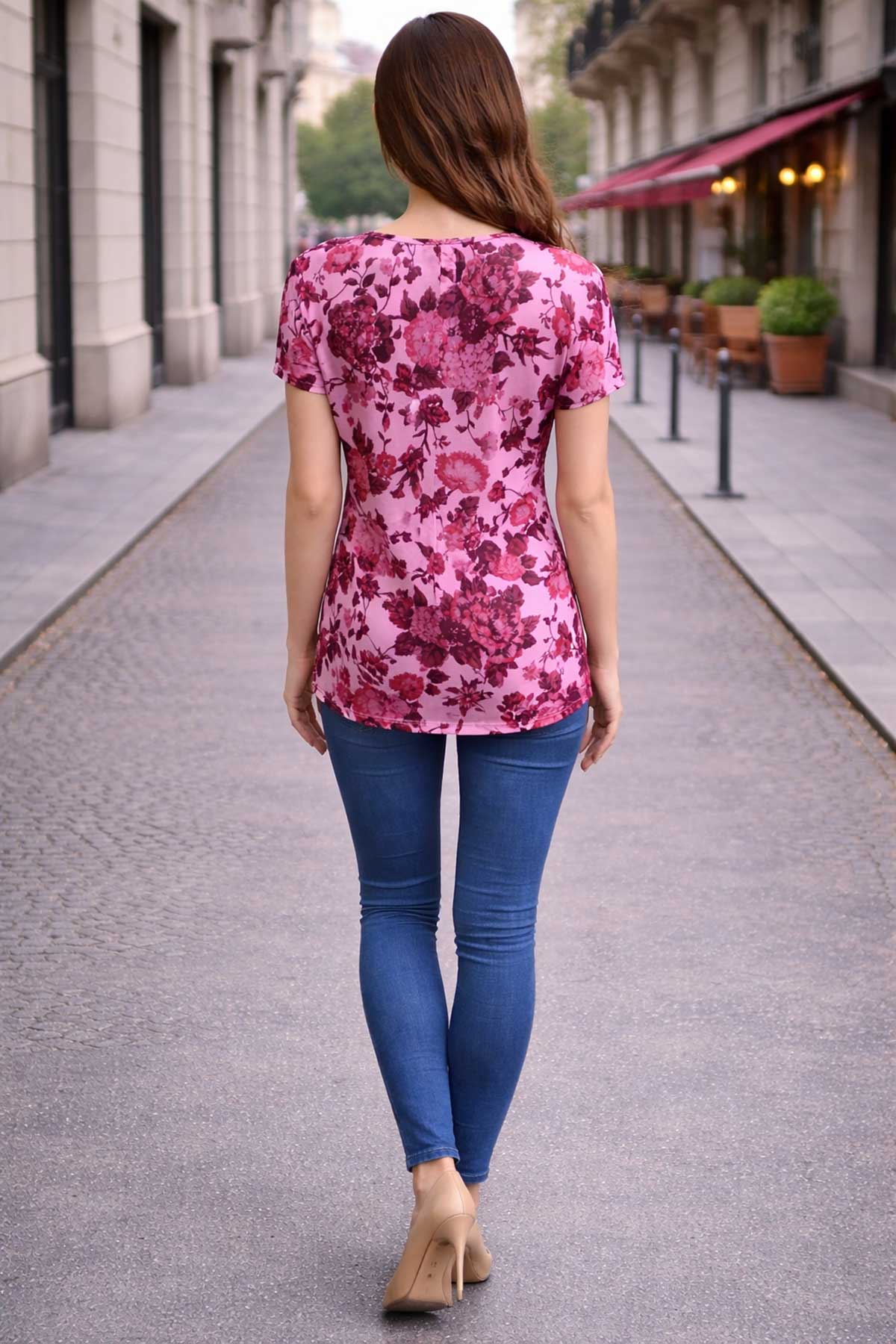 Дамска трикотажна блуза с гръцко деколте в розово и бордо