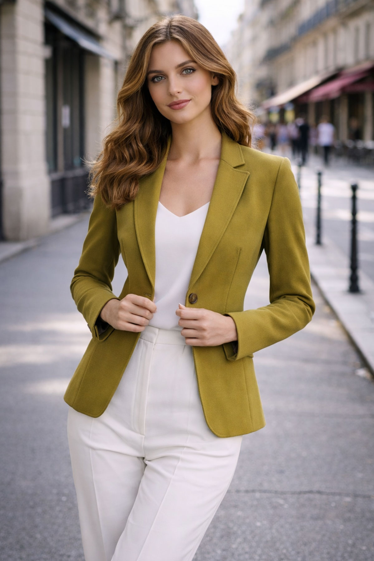 Дамско елегантно сако в цвят шамфъстък