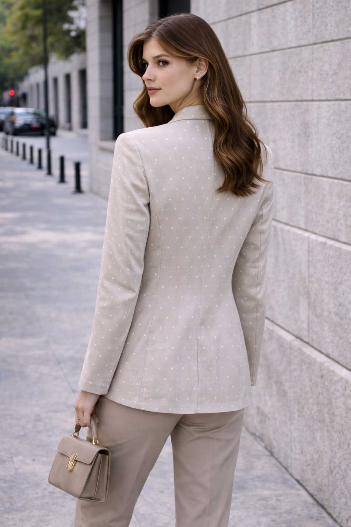 Бежово сако на бели точки
