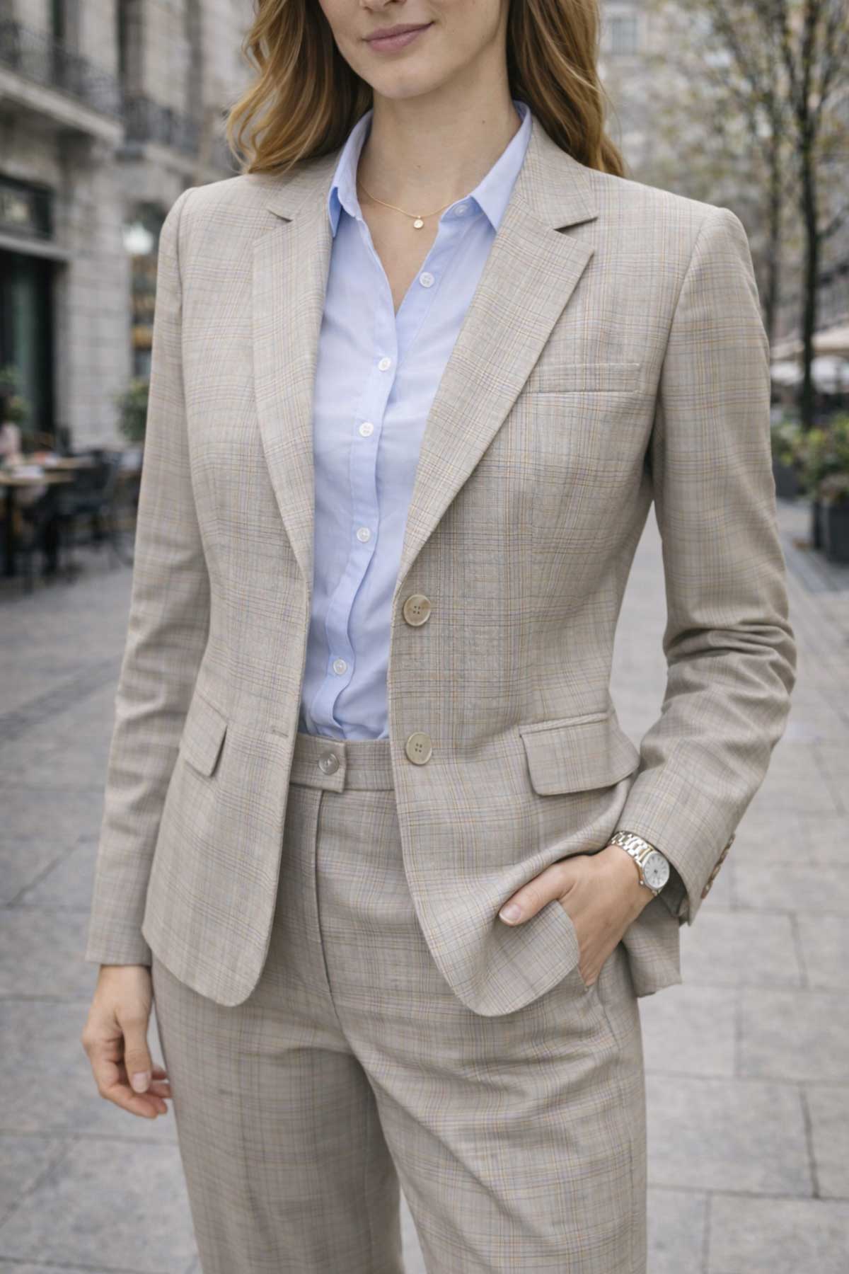 Дамски костюм в бежово каре
