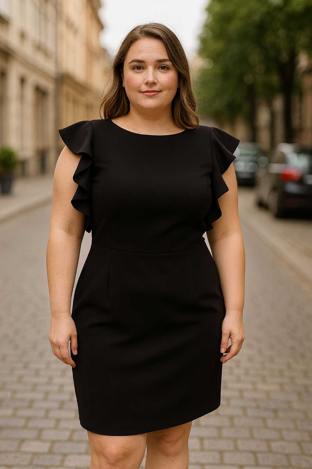 Елегантна черна рокля с къдри на ръкавите