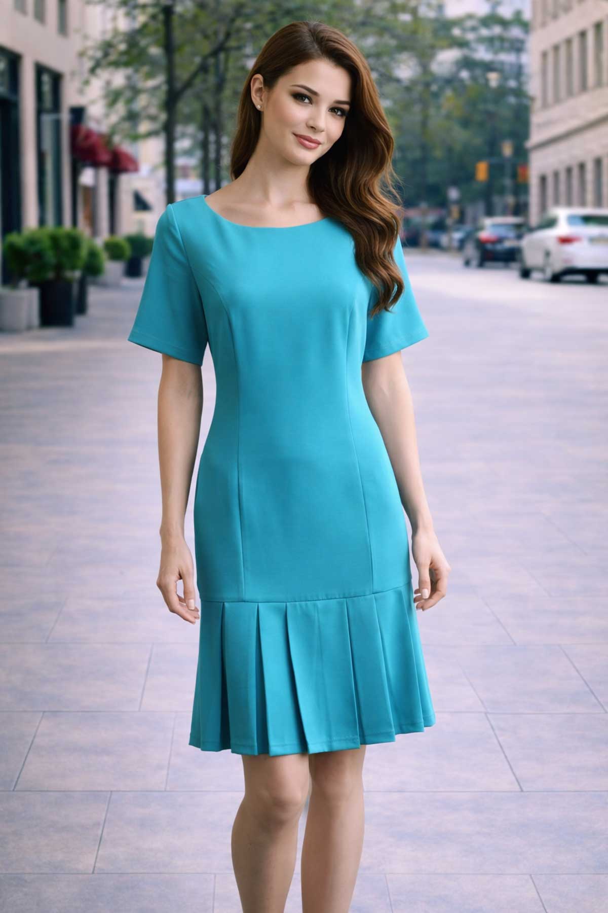 Тюркоазена рокля с плисета в долната част