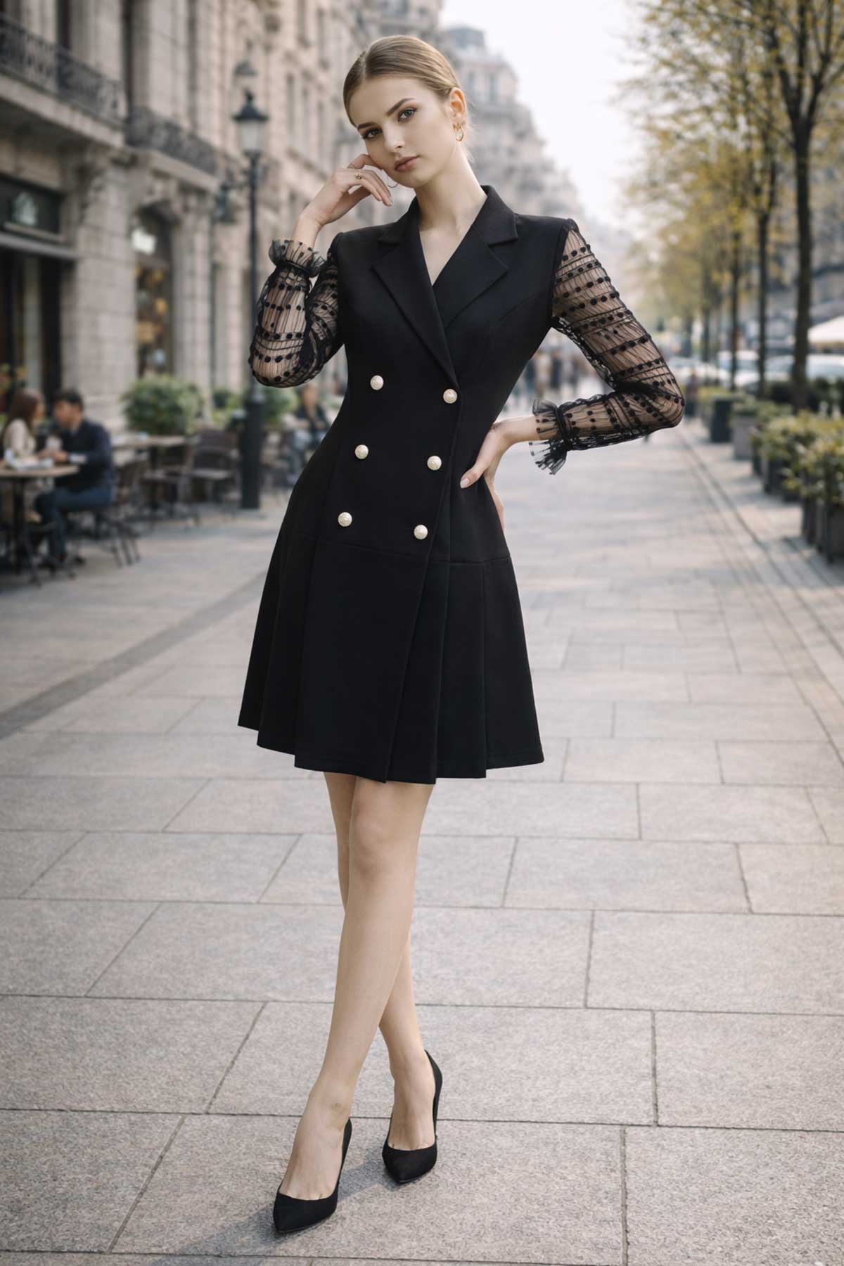 Елегантна черна рокля-сако с прозрачни ръкави