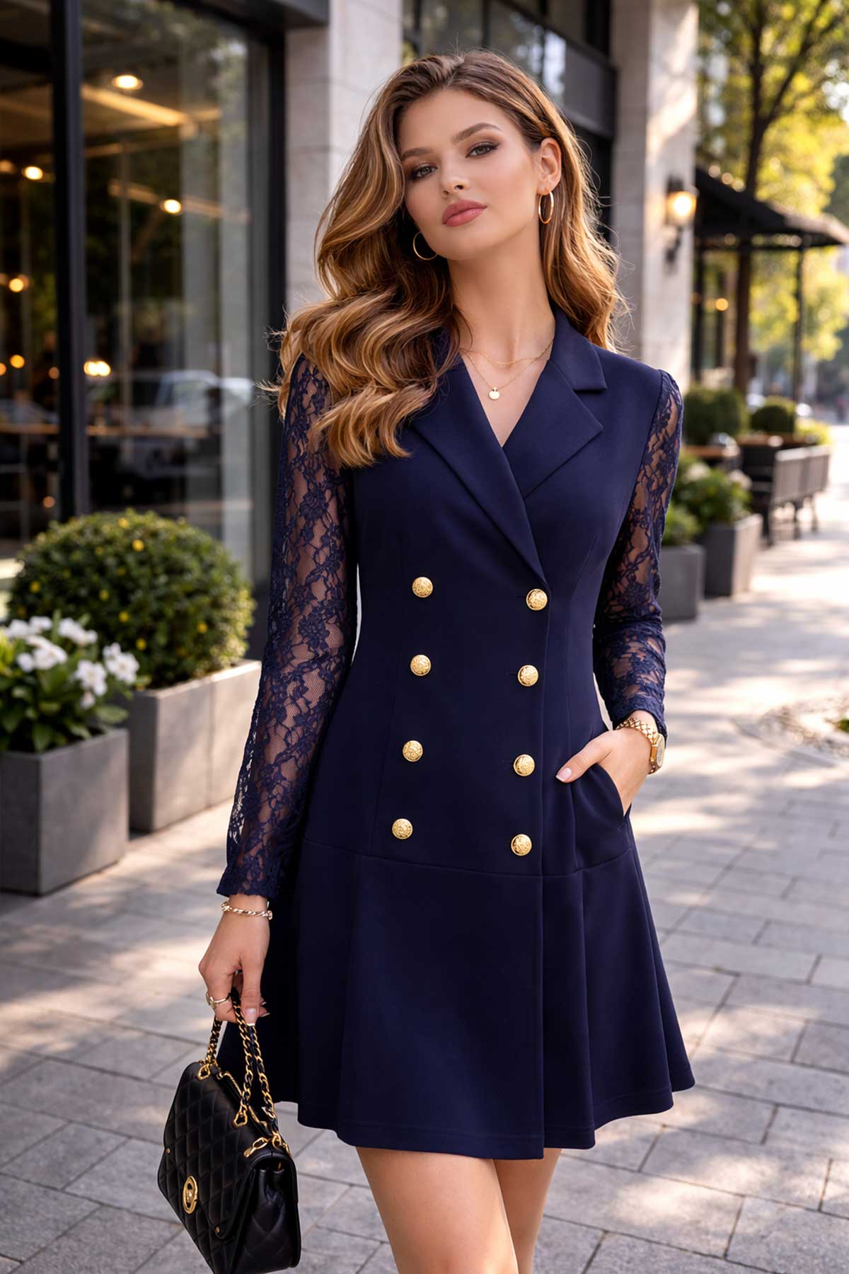 Тъмносиня рокля-сако с дантелени ръкави